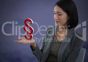 Section symbol icon and Businesswoman with hands palm open and dark background