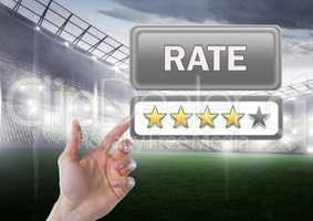 Hand pointing at Rate button and star reviews with sports stadium pitch