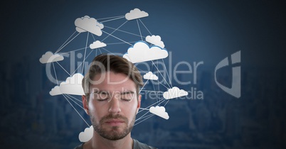 Cloud app icons connected and Businessman with eyes closed and dark background