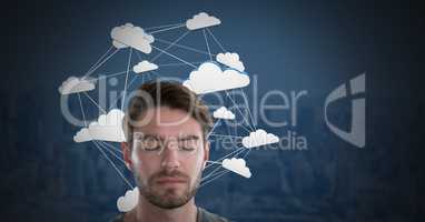 Cloud app icons connected and Businessman with eyes closed and dark background