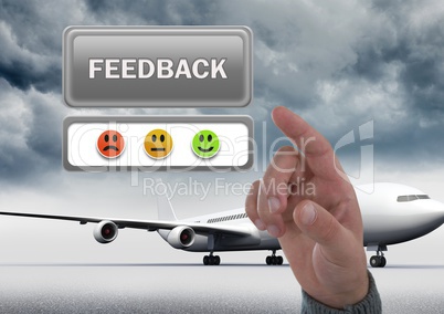 Hand pointing at feedback button and smiley faces review with airplane