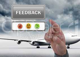 Hand pointing at feedback button and smiley faces review with airplane