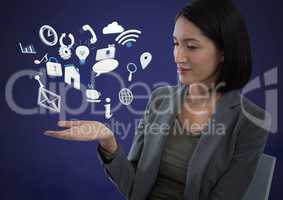 Mixed various app icons and Businesswoman with hands palm open and dark background