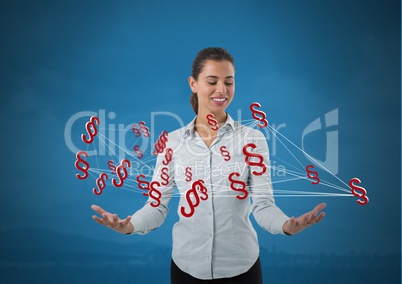 Section symbols icons connected and Businesswoman with hands palm open and dark background