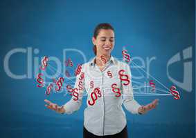 Section symbols icons connected and Businesswoman with hands palm open and dark background