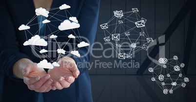 Mixed various app icons connected and Businesswoman with hand palm open and dark background