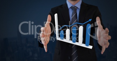 3D Bar Chart statistics and Businessman with hands palm open and dark background