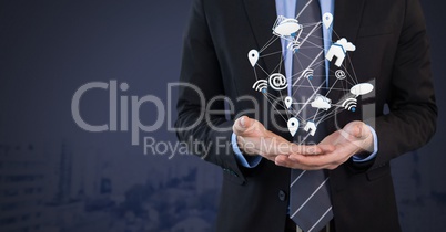 Mixed various app icons connected and Businessman with hands palm open and dark background