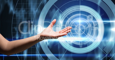 Hand open with swish technology background