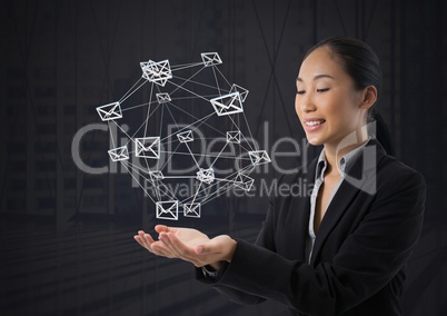 message email app icons connected and Businesswoman with hands palm open and dark background