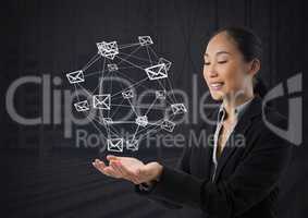 message email app icons connected and Businesswoman with hands palm open and dark background