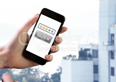 Hand holding phone and Review button with stars rating