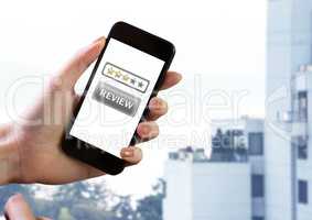 Hand holding phone and Review button with stars rating