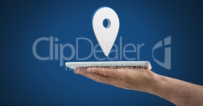 Hand holding tablet with 3D location marker pointer icon