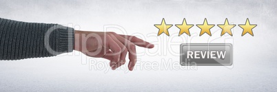 Hand pointing at review button and ratings stars