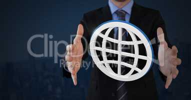 World icon symbol and Businessman with hands palm open and dark background