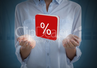 Percent icon symbol and Businesswoman with glowing light illuminated in hands and dark background