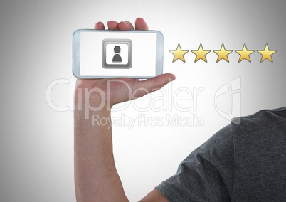 Hand holding phone with user and five star review rating