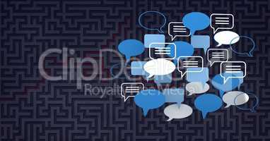 3D chat bubble icons with maze background