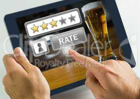 Hand touching tablet with Rate button and review stars in bar