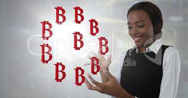 Bitcoin icons and Businesswoman with hands palm open and dark background