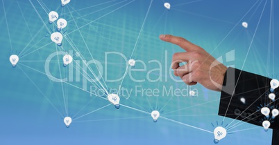 Hand touching 3D connected light bulb idea icons Hand touching 3D connected light bulb idea icons