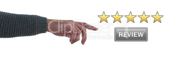 Hand pointing at review button and five star ratings stars