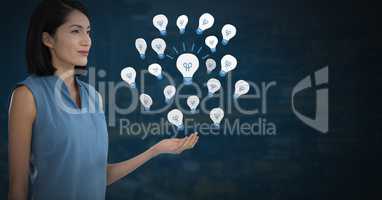 Idea light bulb app icons and Businesswoman with hands palm open and dark background