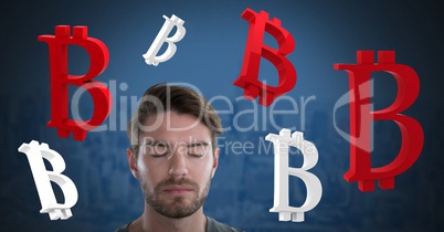 Bitcoin icon symbols and Businessman with eyes closed and dark background