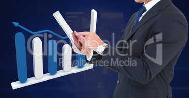 Hand holding tablet with 3D bar chart statistics icon