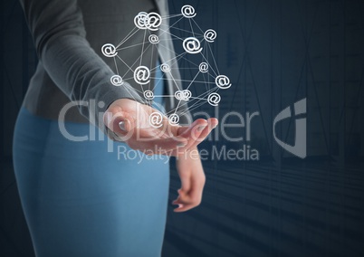 @ app icons connected and Businesswoman with hand palm open and dark background