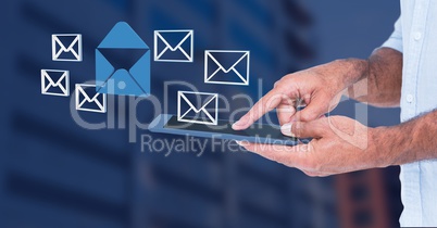 Hand holding tablet with 3D message email icons