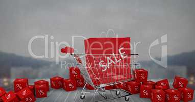 Sale shopping trolley and bags with percent symbol icons