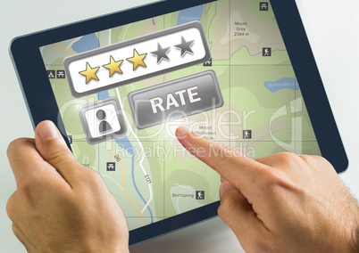 Hand touching tablet with Rate button and review stars with map locations