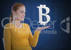 Bitcoin icon and Businesswoman with hands palm open and dark background