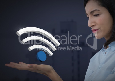 Wi-Fi symbol icon and Businesswoman with hands palm open and dark background