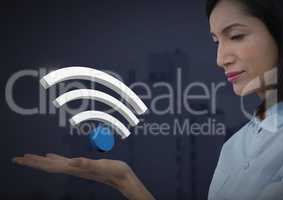 Wi-Fi symbol icon and Businesswoman with hands palm open and dark background
