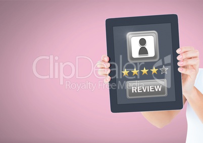 Hand holding tablet with star ratings and review button