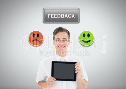 Man holding tabelet with smiley feedback icons