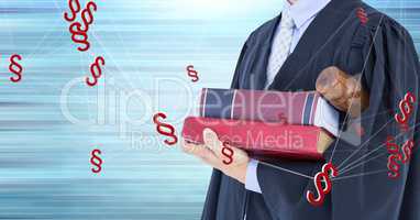 Judge holding law justice book with section symbol icons