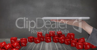 Hands holding tablet with percent symbol icon Hands holding tablet with percent symbol icon