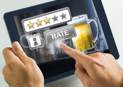 Hand touching tablet with Rate button and review stars in bar