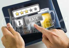 Hand touching tablet with Rate button and review stars in bar