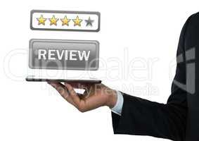 Hand holding tablet and Review button with stars rating