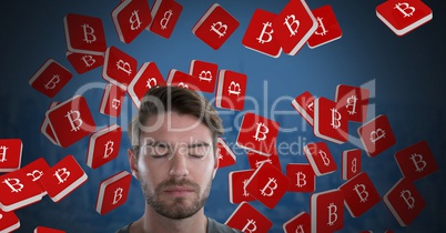 Bitcoin icon symbols and Businessman with eyes closed and dark background