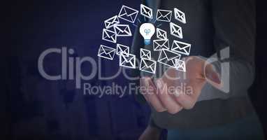 Email message and light bulb idea app icons and Businesswoman with hands palm open and dark backgrou
