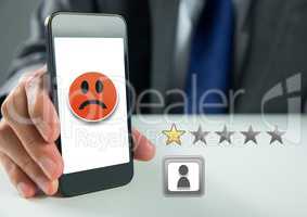 Hand holding phone with one star review ratings stars and sad smiley face