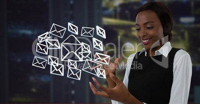 Email message app icons and Businesswoman with hands palm open and dark background