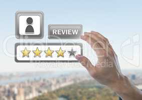 Hand touching star ratings review buttons