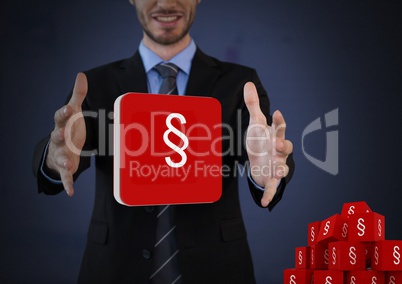 Section icon symbols and Businessman with hands palm open and dark background